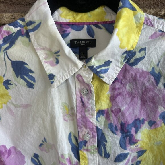 Talbots Spring Lavender Yellow Floral Button Front Shirt Size Medium Petite - Picture 3 of 8